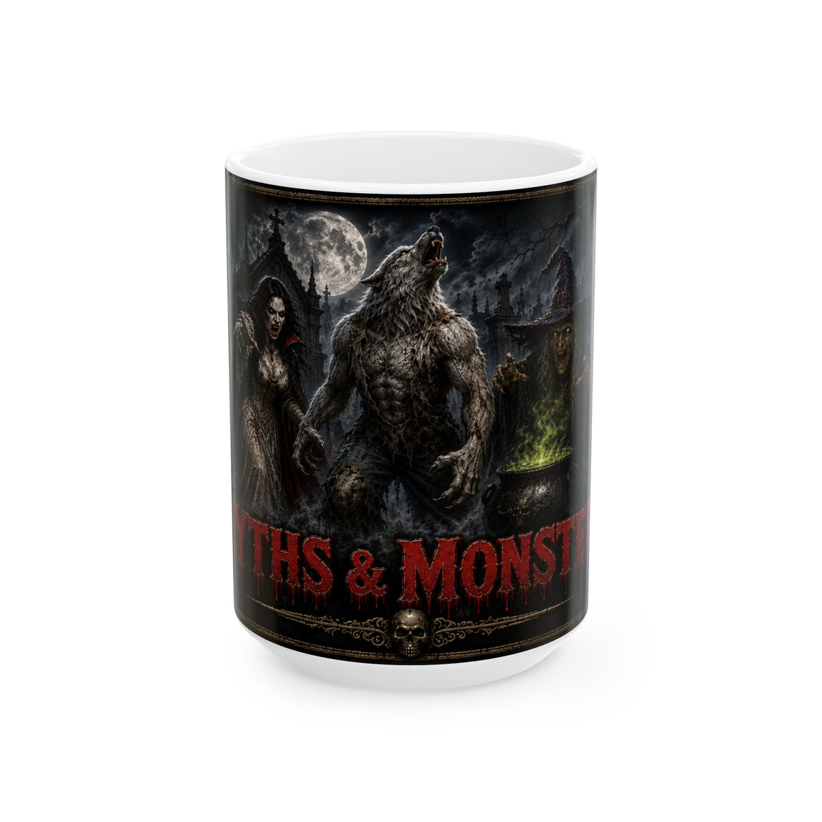 Werewolves & Monsters Gothic Ceramic Mug, Myths and Monsters  Halloween Mug (15oz)