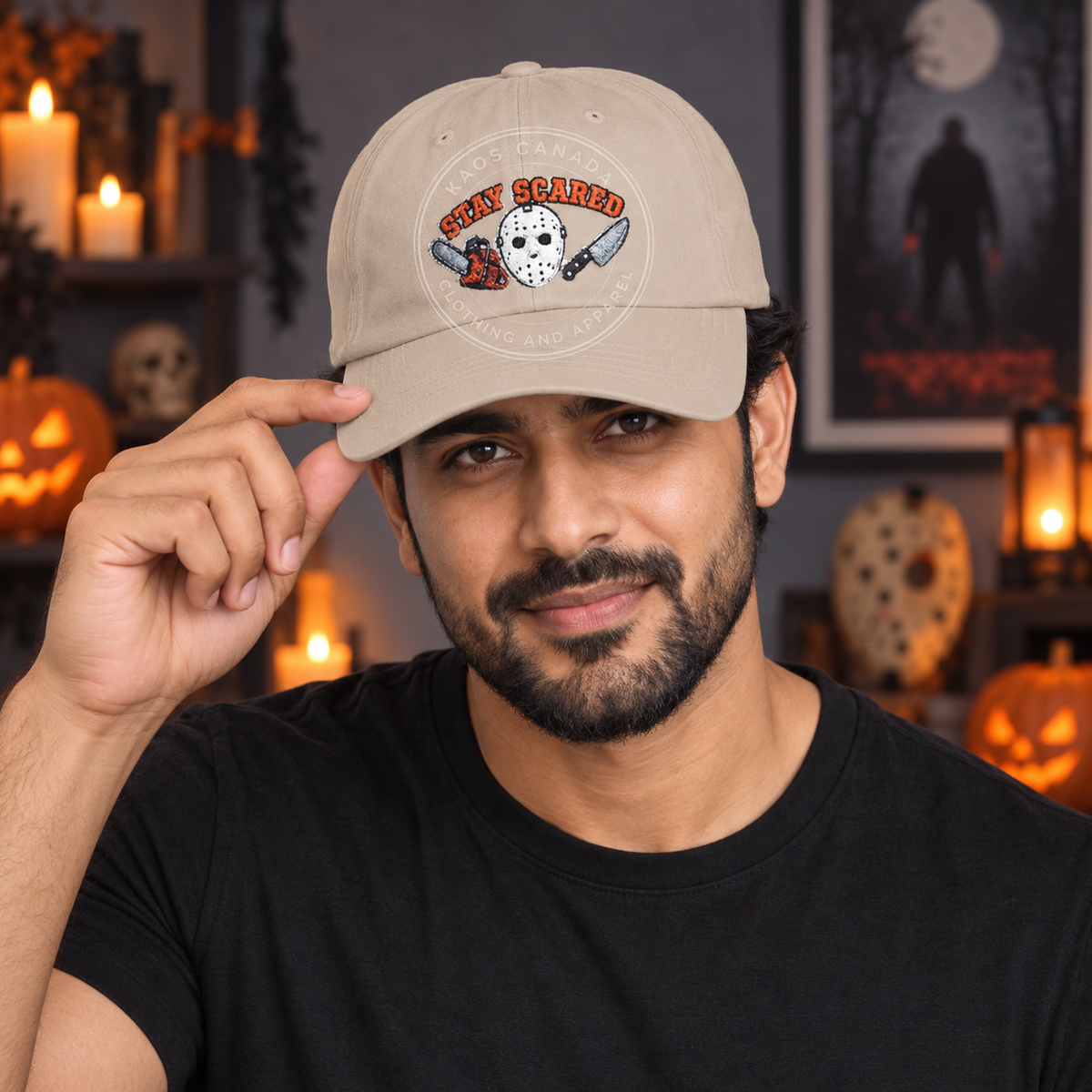 Halloween Stay Scared Horror Baseball Hat with Mask Chainsaw and Knife